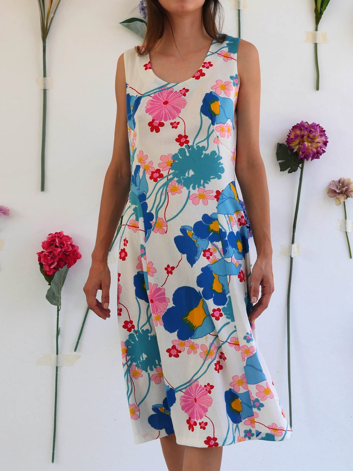 Vintage White Summer Dress with Bright Floral Print