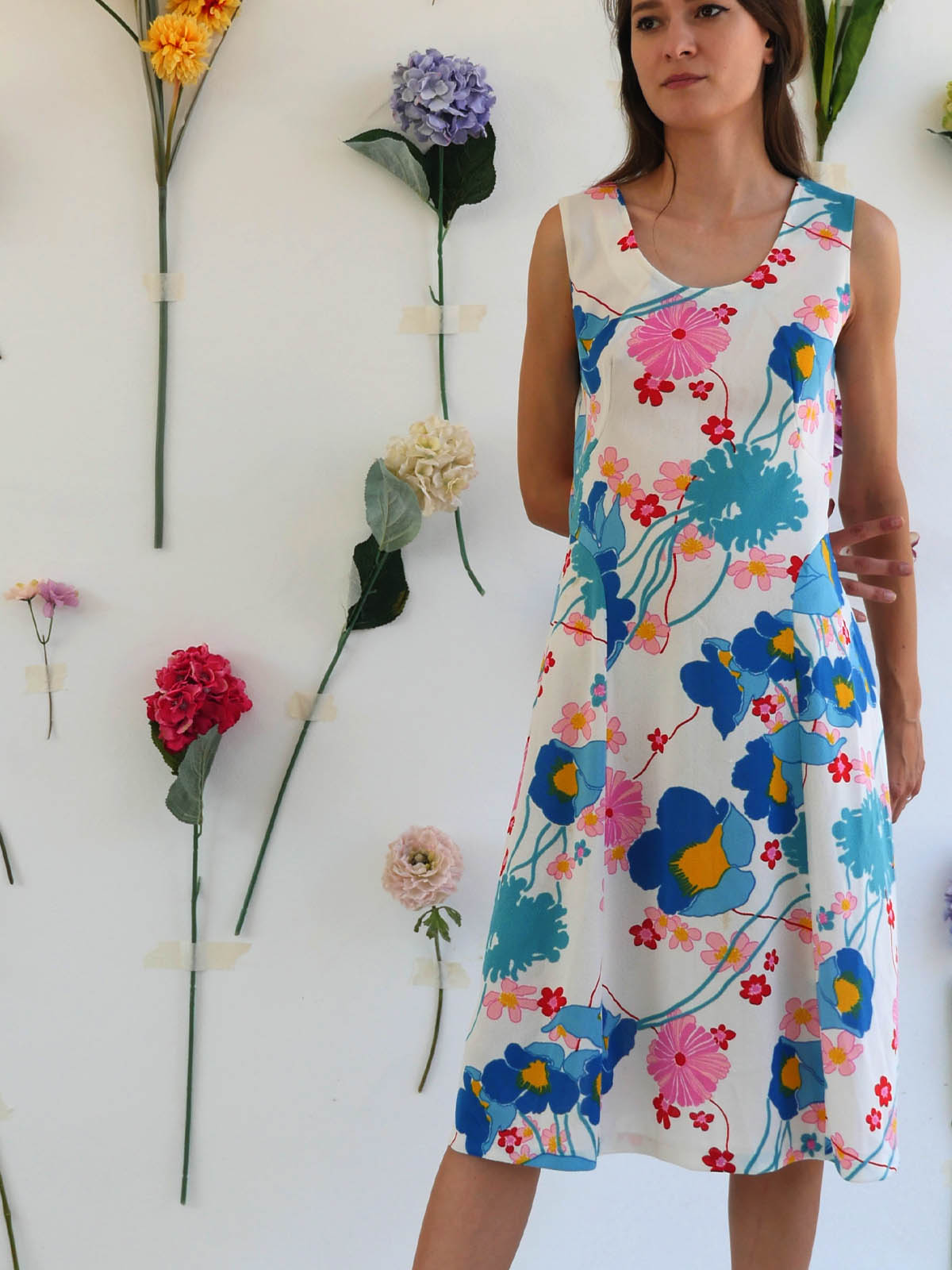 Vintage White Summer Dress with Bright Floral Print