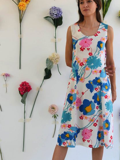 Vintage White Summer Dress with Bright Floral Print