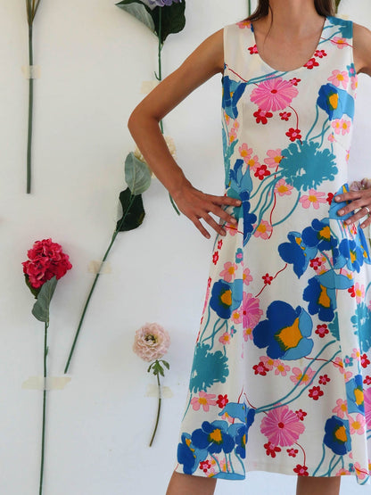 Vintage White Summer Dress with Bright Floral Print