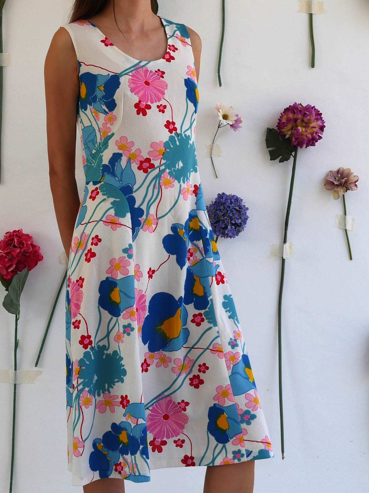 Vintage White Summer Dress with Bright Floral Print