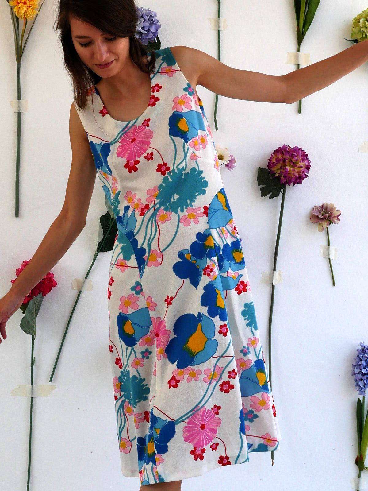 Vintage White Summer Dress with Bright Floral Print