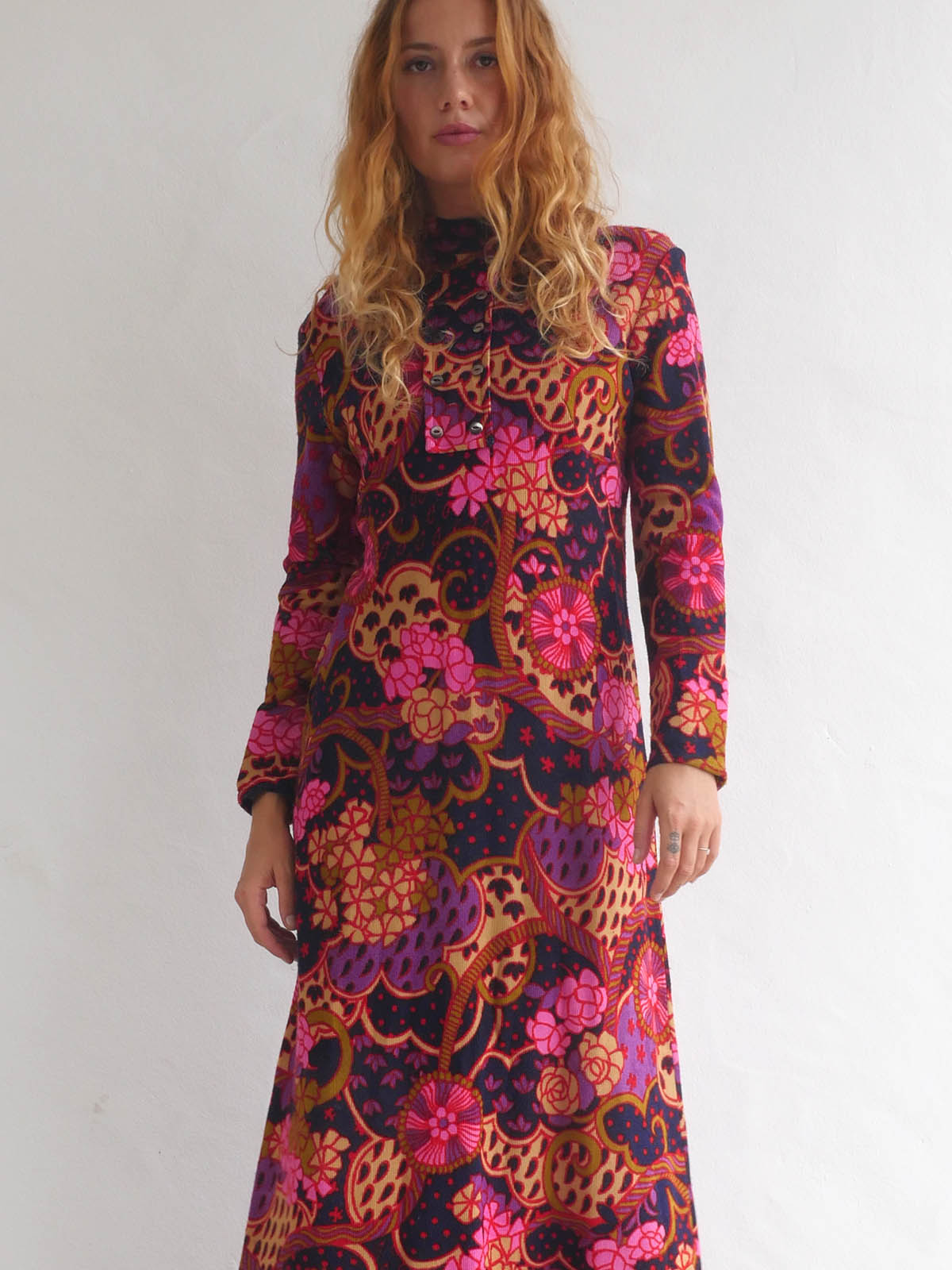 60s Vintage Flower Print Maxi Dress with Long Sleeves 