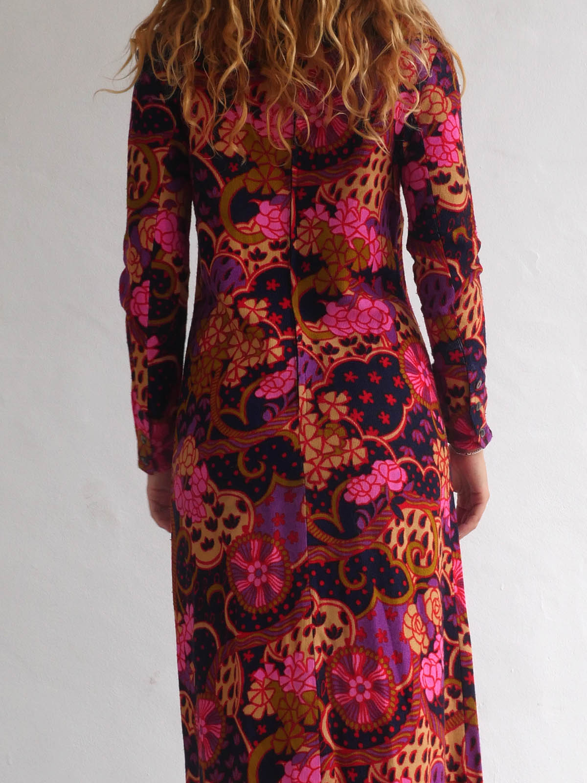 60s Vintage Flower Print Maxi Dress with Long Sleeves 