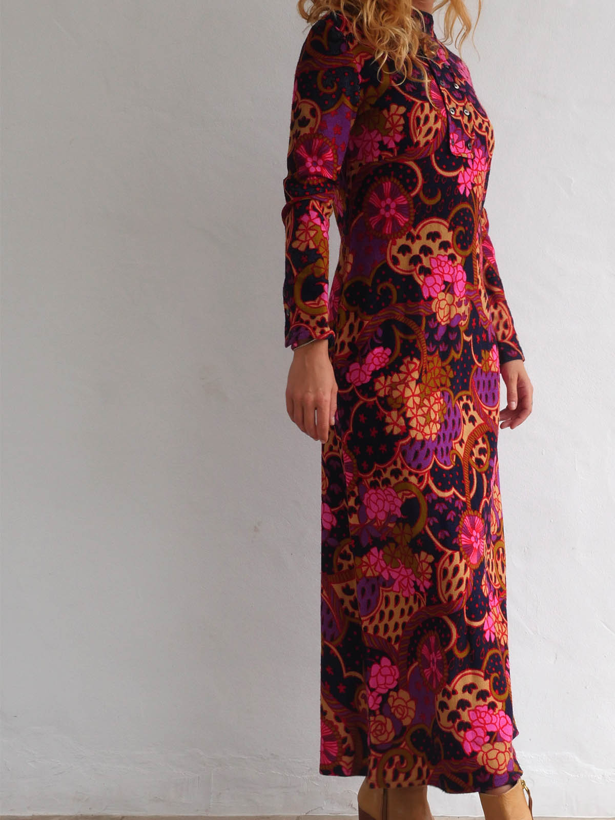 60s Vintage Flower Print Maxi Dress with Long Sleeves 