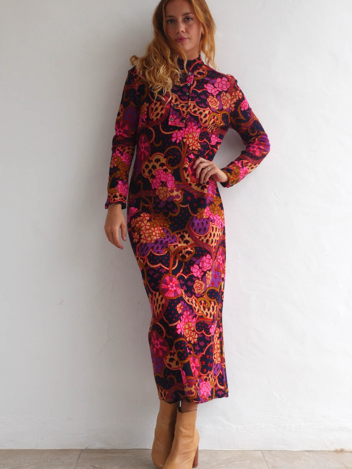 60s Vintage Flower Print Maxi Dress with Long Sleeves 