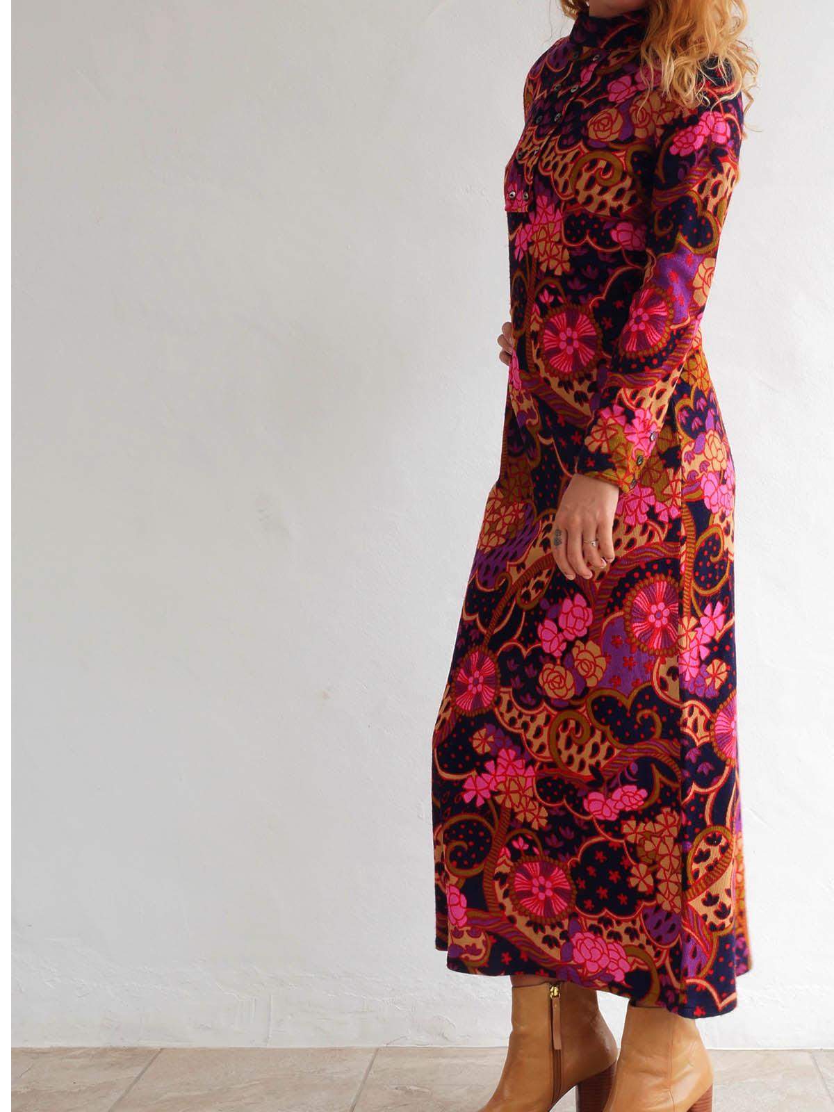 60s Vintage Flower Print Maxi Dress with Long Sleeves 