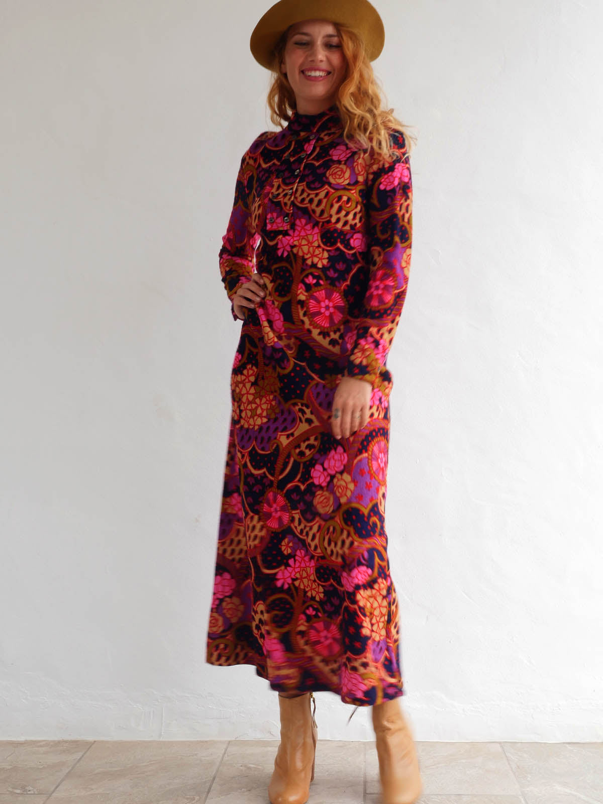 60s Vintage Flower Print Maxi Dress with Long Sleeves 