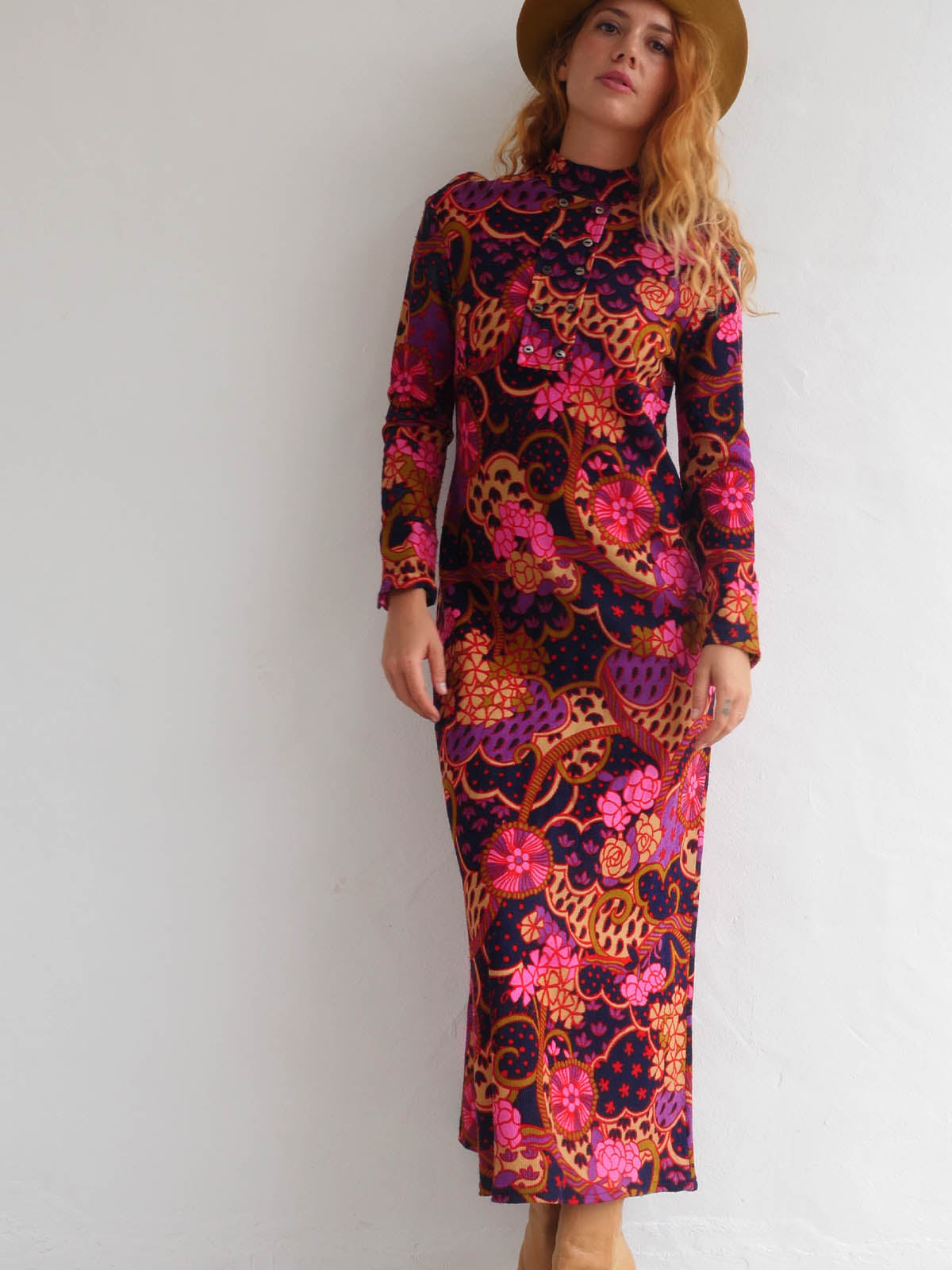 60s Vintage Flower Print Maxi Dress with Long Sleeves 