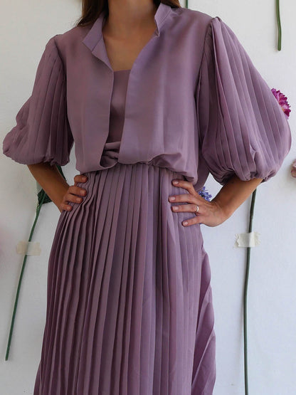 Lila Pleated Summer Dress with Balloon Sleeves