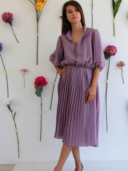 Lila Pleated Summer Dress with Balloon Sleeves