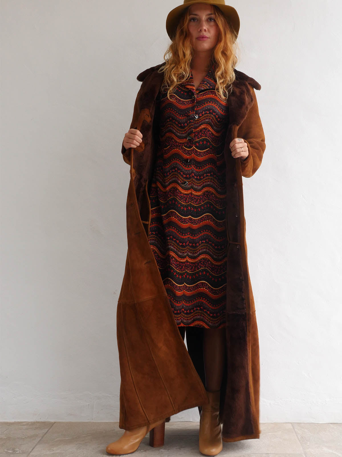 70s Midi Button Down Dress with Long Sleeves in Earthy Wavy Pattern