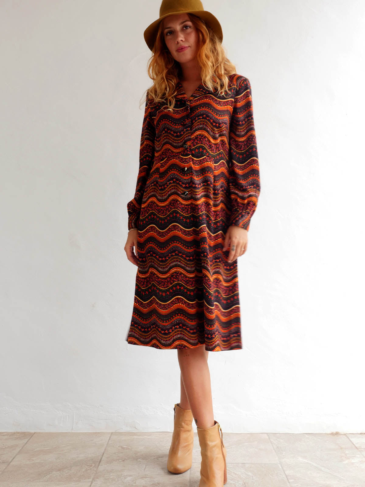 70s Midi Button Down Dress with Long Sleeves in Earthy Wavy Pattern