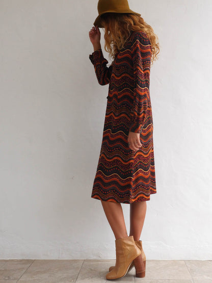 70s Midi Button Down Dress with Long Sleeves in Earthy Wavy Pattern