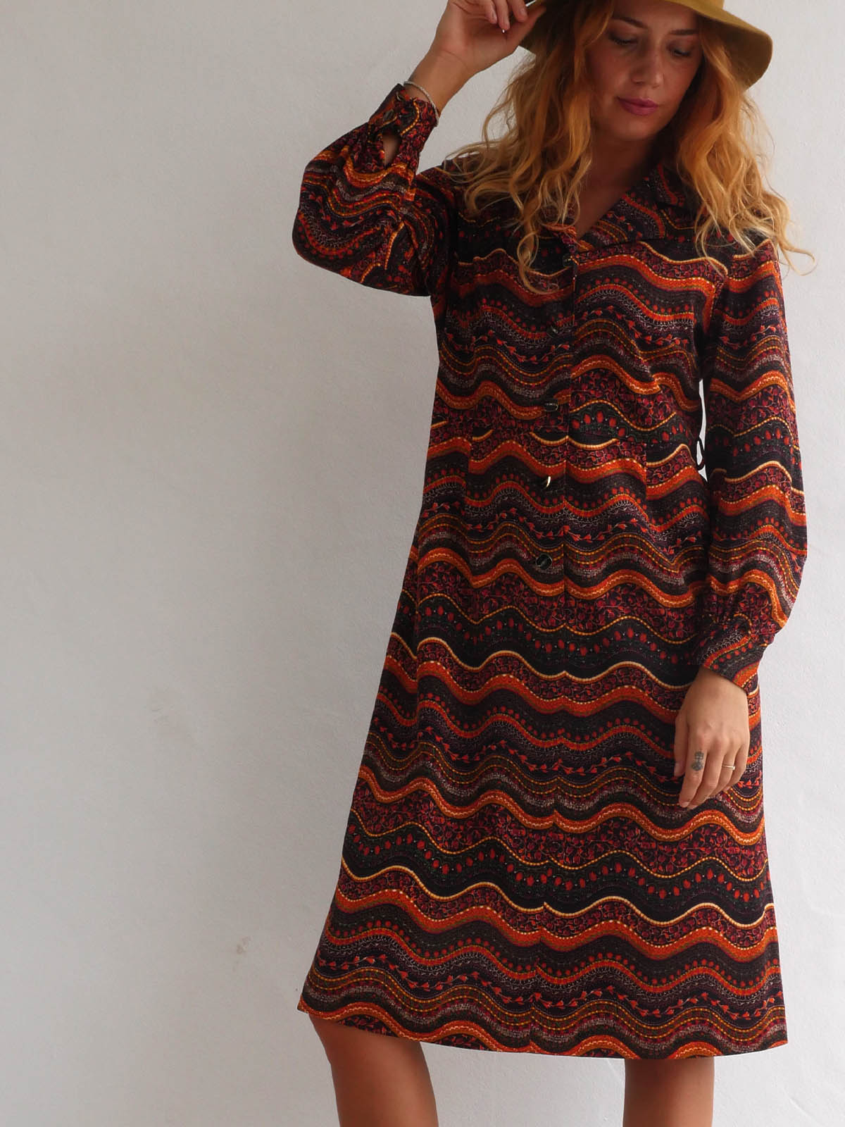 70s Midi Button Down Dress with Long Sleeves in Earthy Wavy Pattern