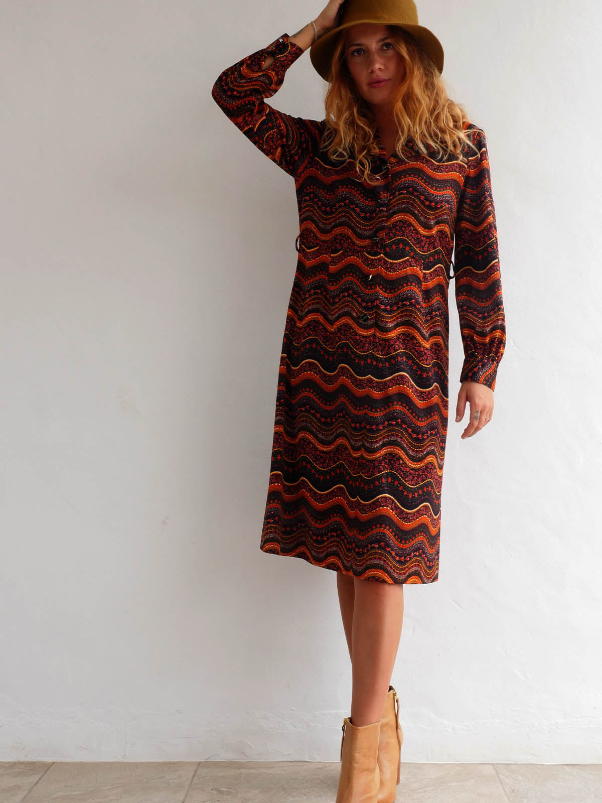 70s Midi Button Down Dress with Long Sleeves in Earthy Wavy Pattern