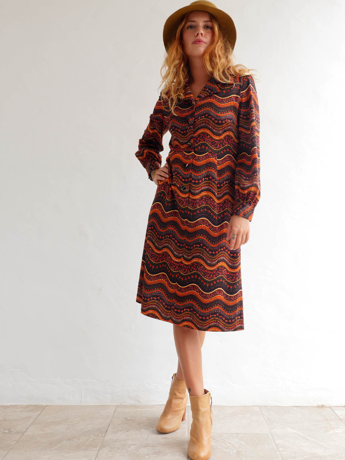 70s Midi Button Down Dress with Long Sleeves in Earthy Wavy Pattern