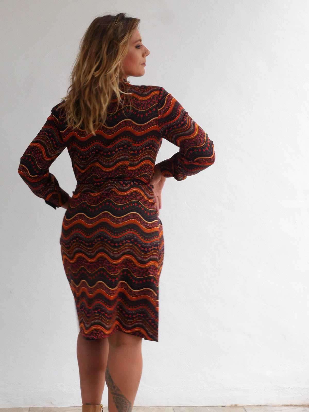 70s Midi Button Down Dress with Long Sleeves in Earthy Wavy Pattern