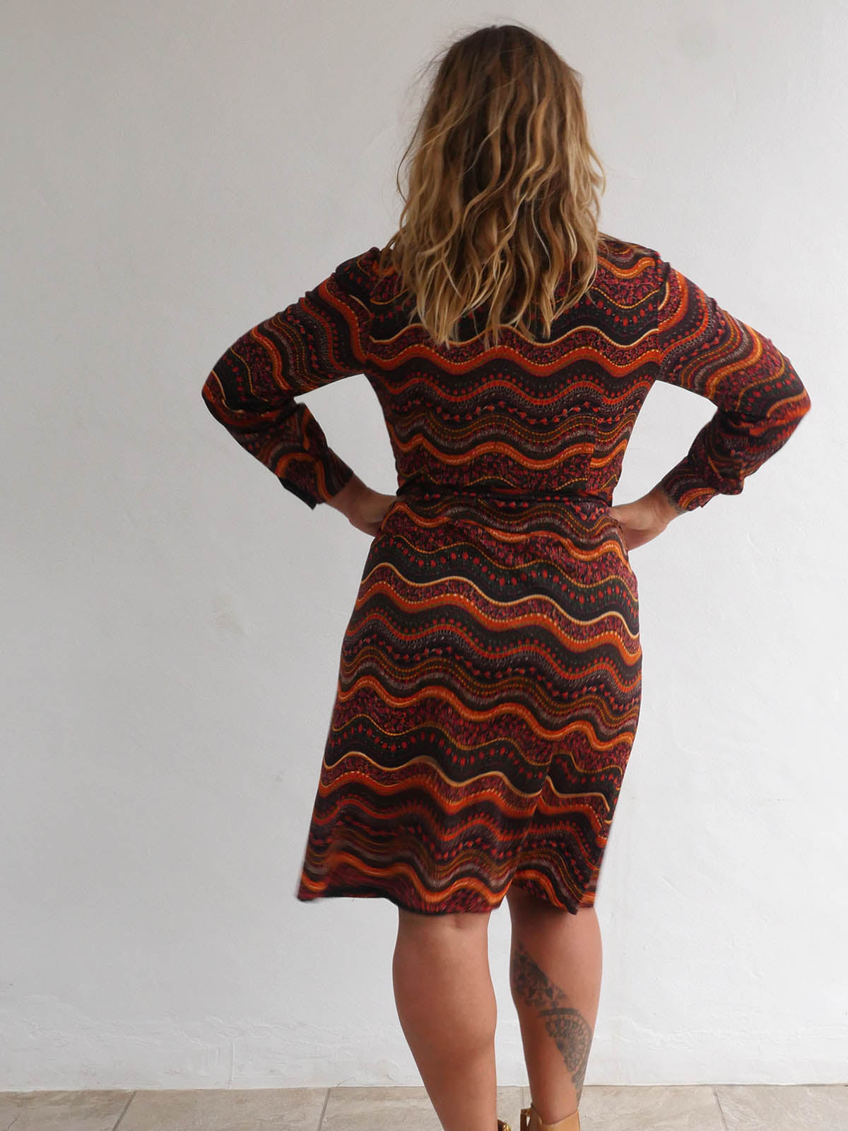 70s Midi Button Down Dress with Long Sleeves in Earthy Wavy Pattern