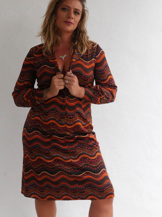 70s Midi Button Down Dress with Long Sleeves in Earthy Wavy Pattern