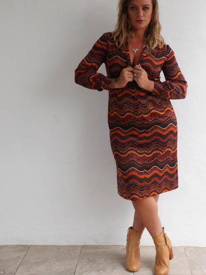 70s Midi Button Down Dress with Long Sleeves in Earthy Wavy Pattern