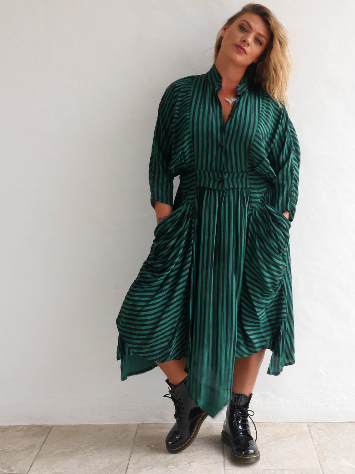 Unique Dark Green and Black Asymmetrical Striped Dress