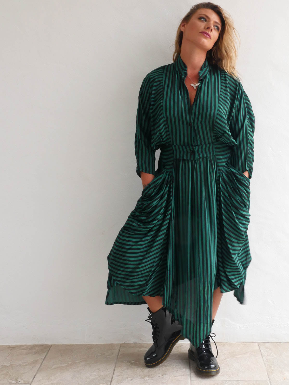 Unique Dark Green and Black Asymmetrical Striped Dress 