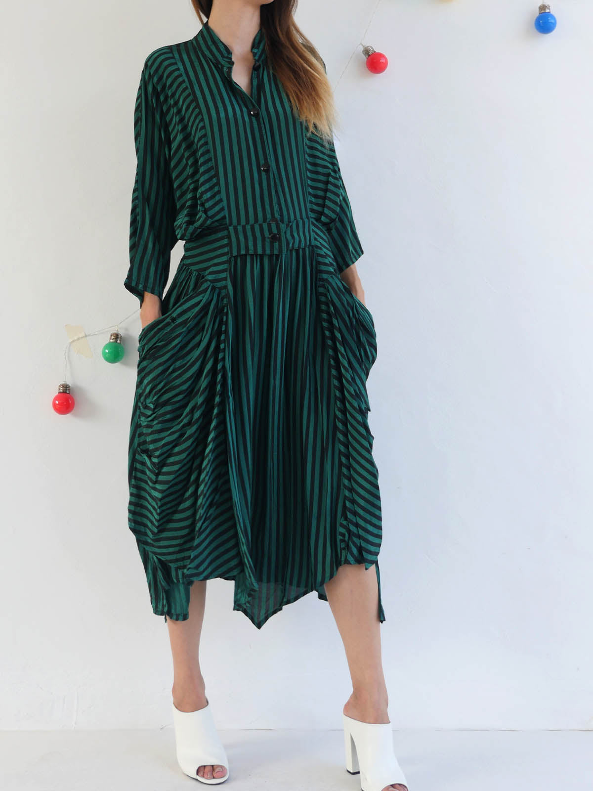 Unique Dark Green and Black Asymmetrical Striped Dress