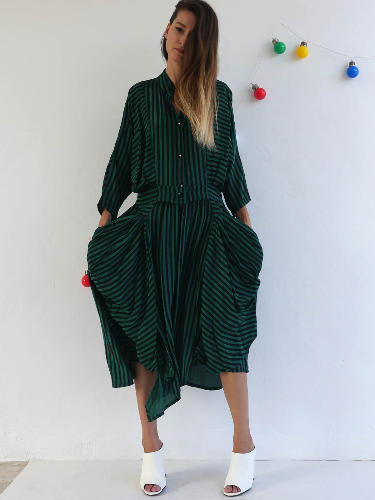 Unique Dark Green and Black Asymmetrical Striped Dress