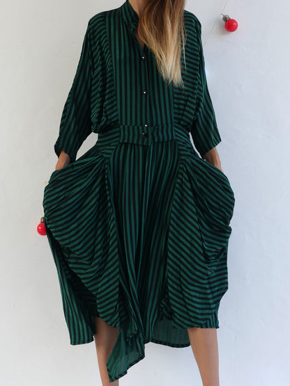 Unique Dark Green and Black Asymmetrical Striped Dress