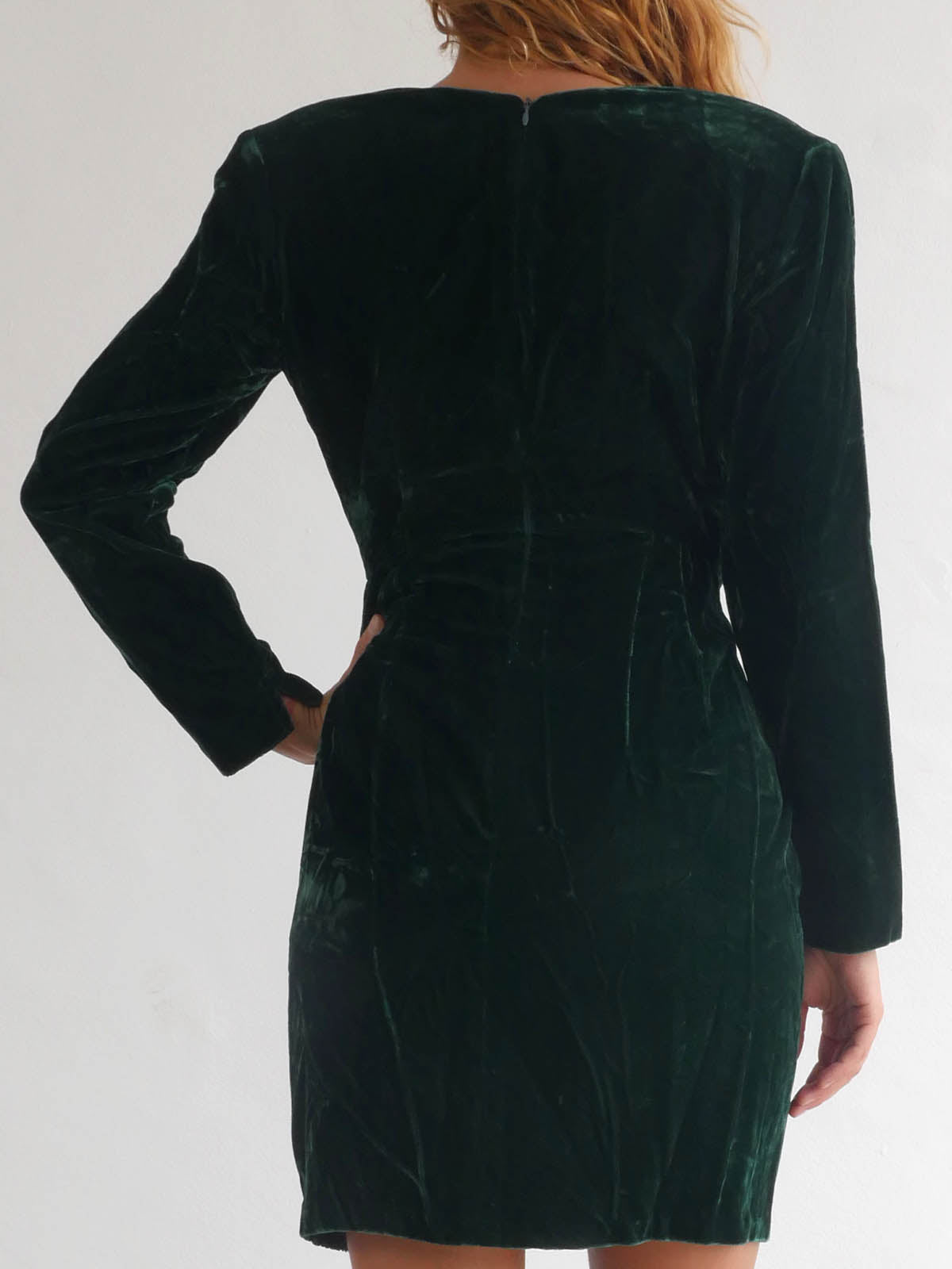 Dark Green Velvet Mini Power Dress with Wrap Cleavage and Long Sleeves