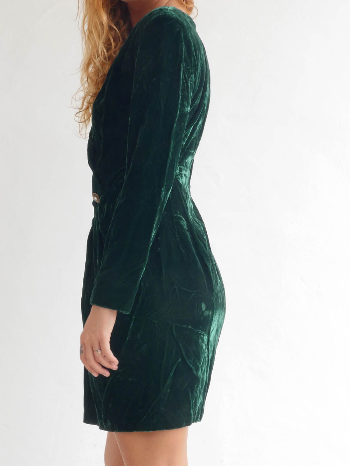 Dark Green Velvet Mini Power Dress with Wrap Cleavage and Long Sleeves