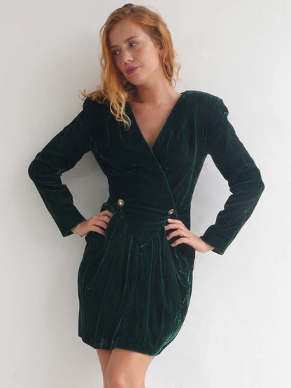 Dark Green Velvet Mini Power Dress with Wrap Cleavage and Long Sleeves