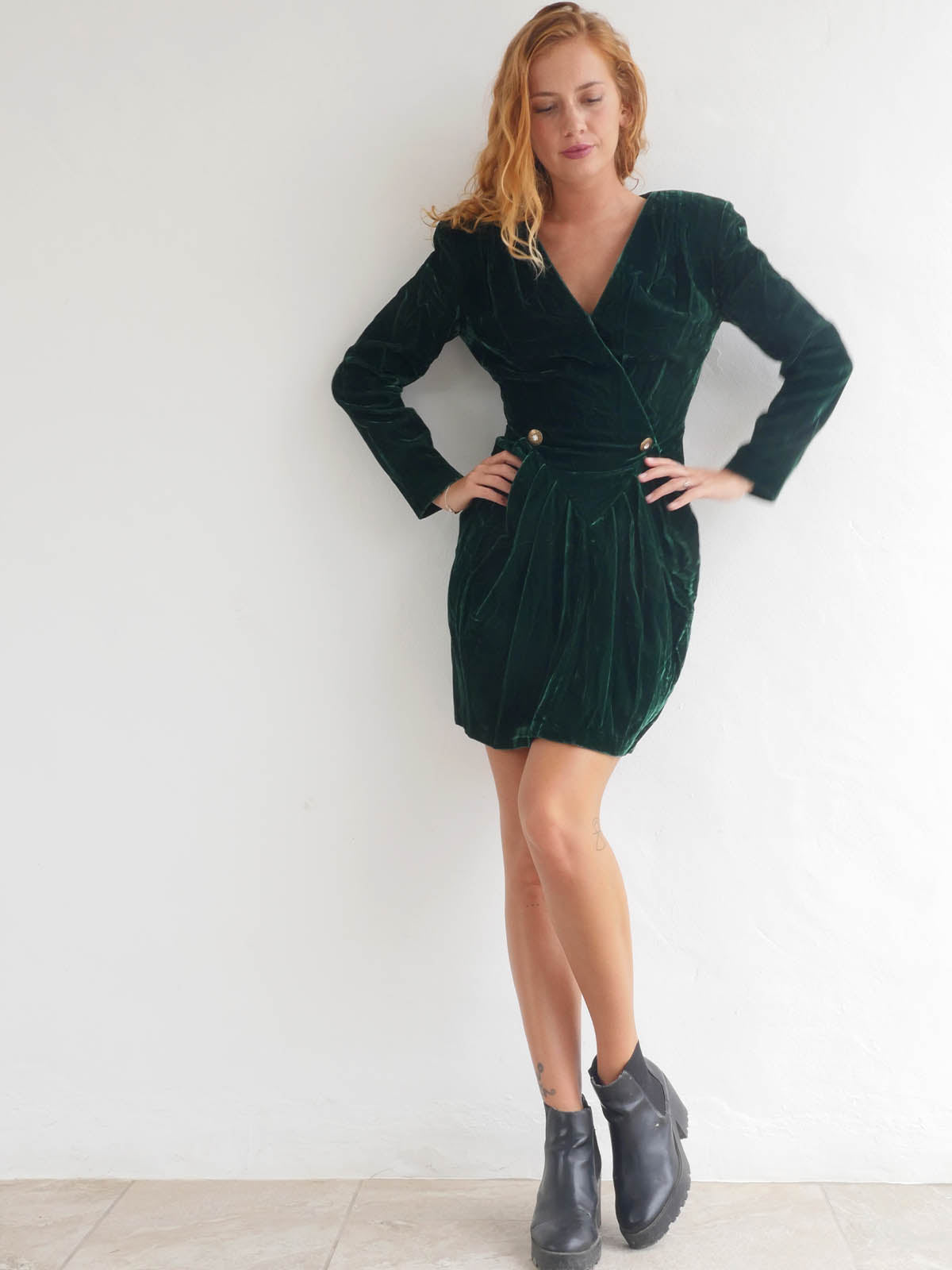 Dark Green Velvet Mini Power Dress with Wrap Cleavage and Long Sleeves