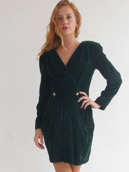 Dark Green Velvet Mini Power Dress with Wrap Cleavage and Long Sleeves