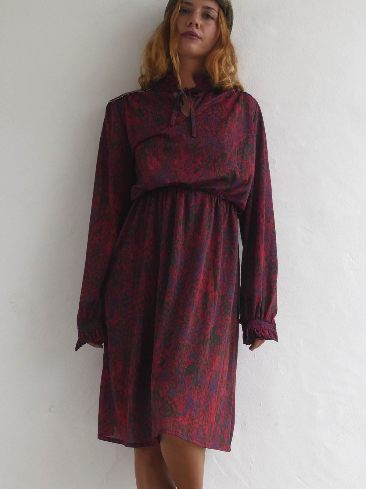 Midi Dress with Animal Print in Maroon Color