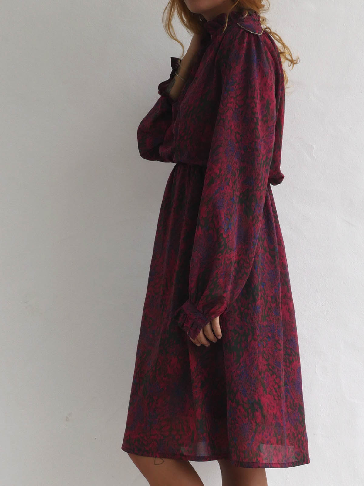 Midi Dress with Animal Print in Maroon Color