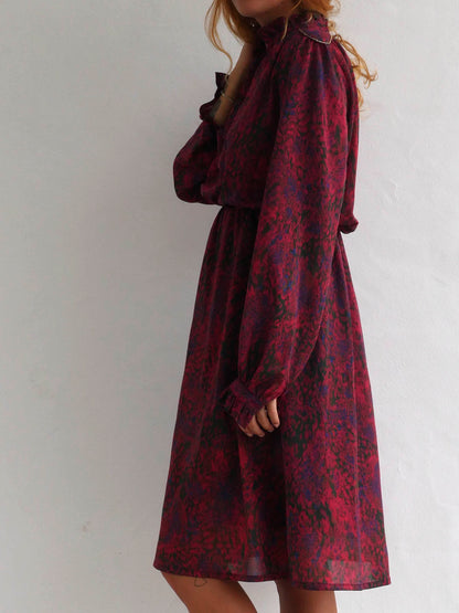 Midi Dress with Animal Print in Maroon Color