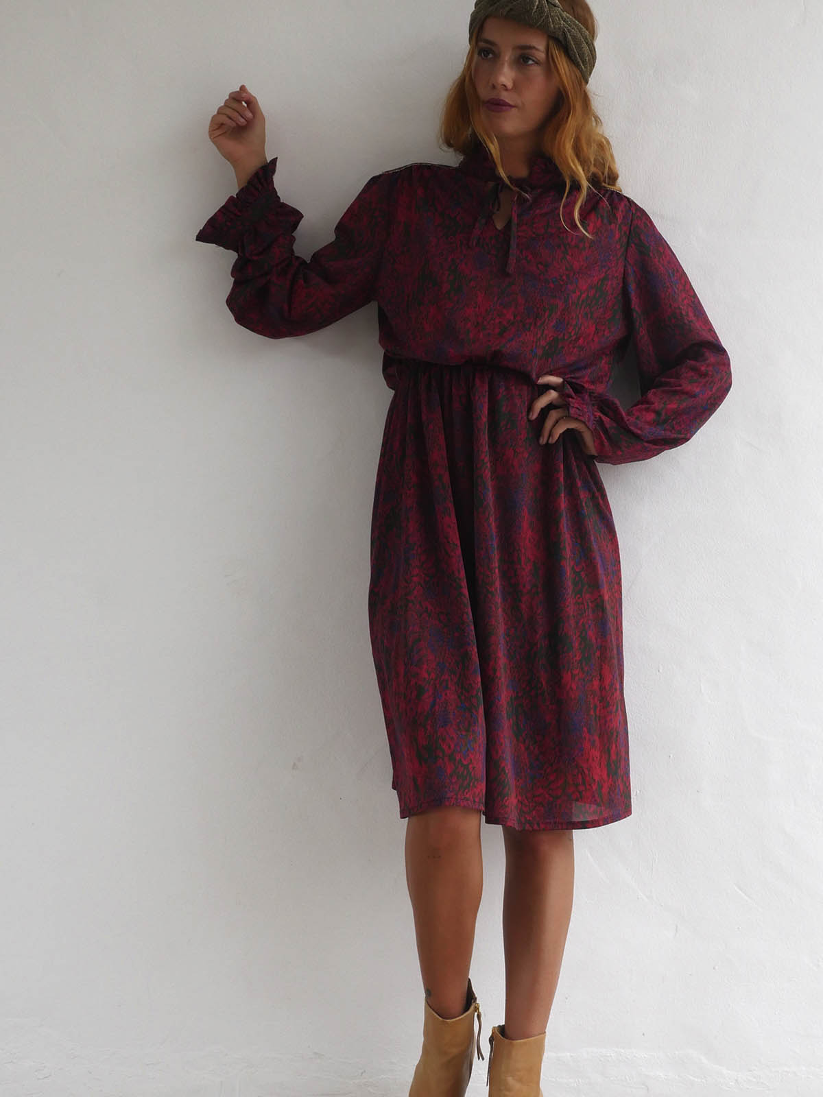 Midi Dress with Animal Print in Maroon Color