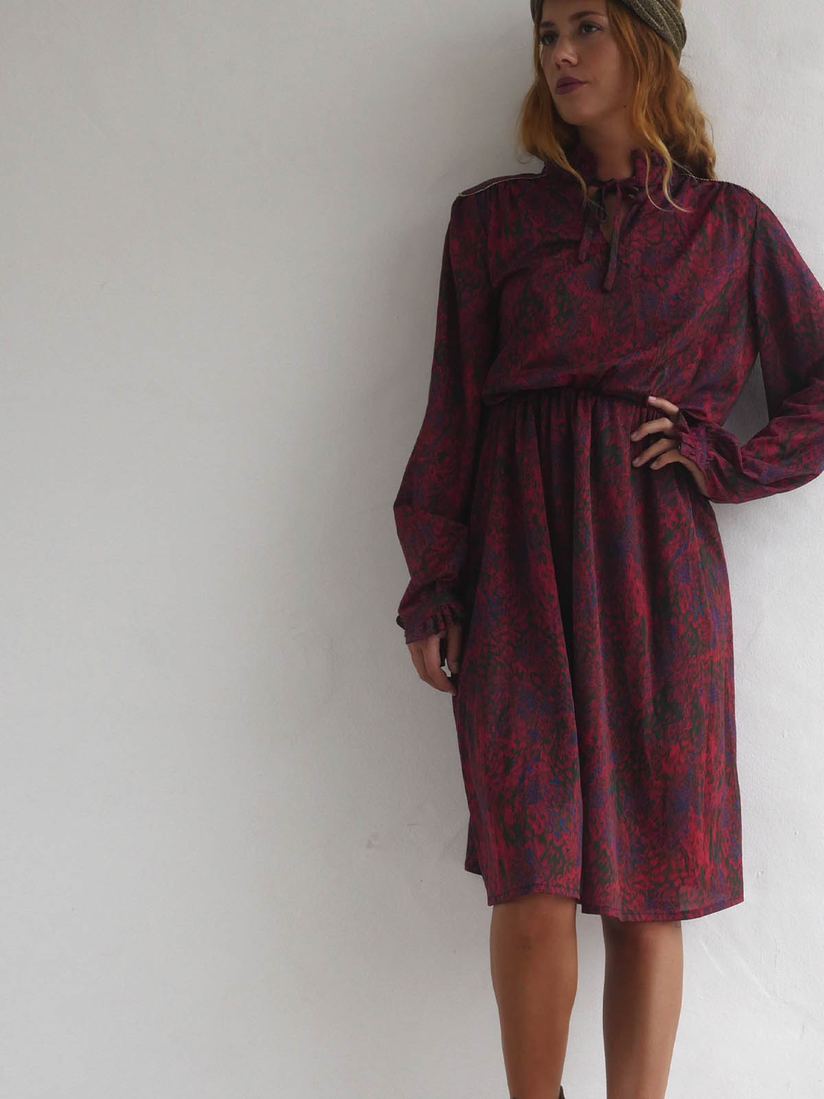 Midi Dress with Animal Print in Maroon Color