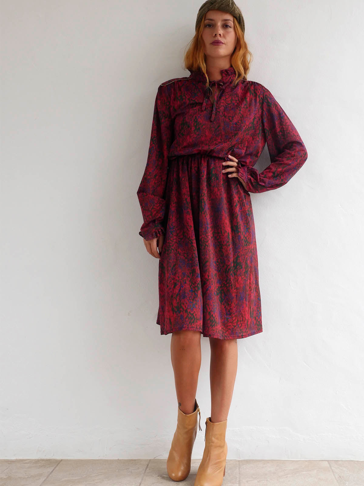 Midi Dress with Animal Print in Maroon Color