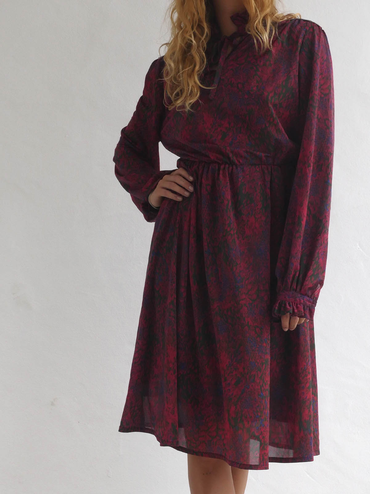 Midi Dress with Animal Print in Maroon Color