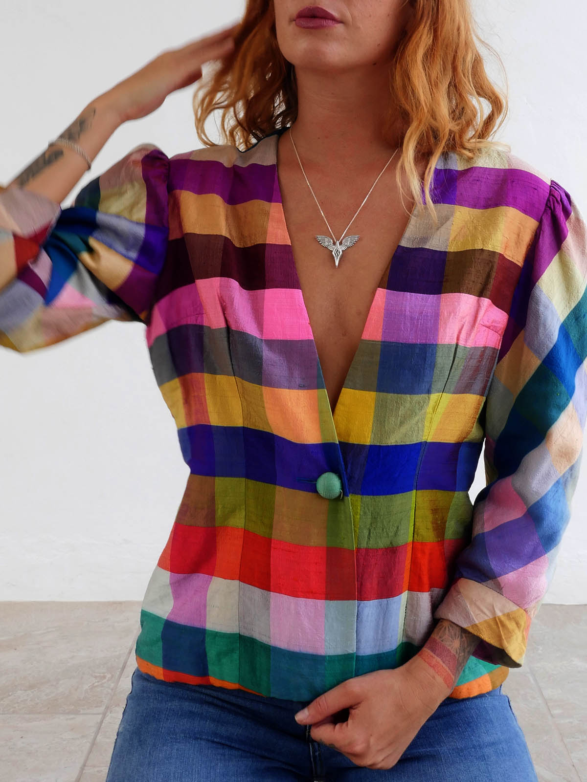 Vintage Silk Multicolor Checkered Jacket 