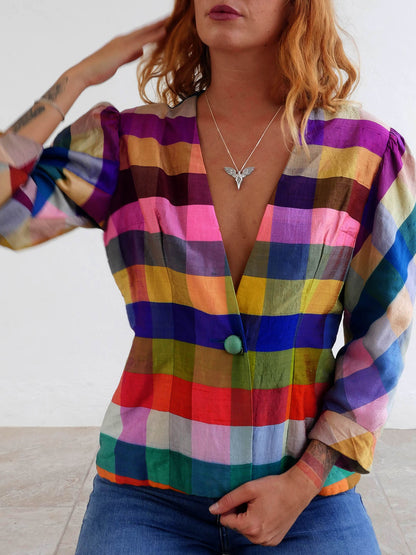 Vintage Silk Multicolor Checkered Jacket 