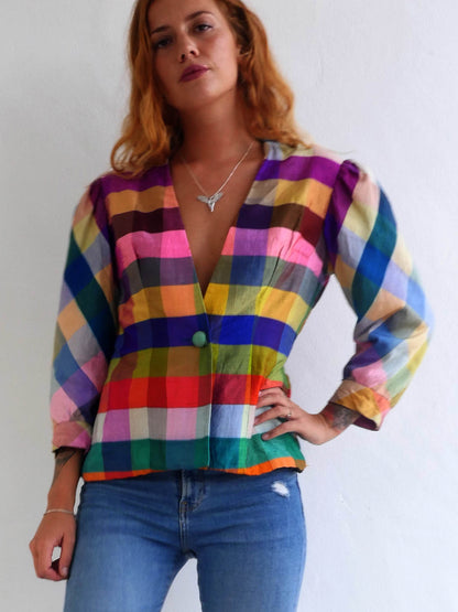 Vintage Silk Multicolor Checkered Jacket 