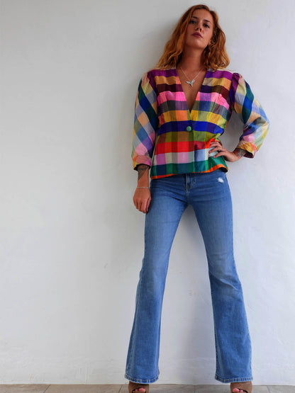 Vintage Silk Multicolor Checkered Jacket 