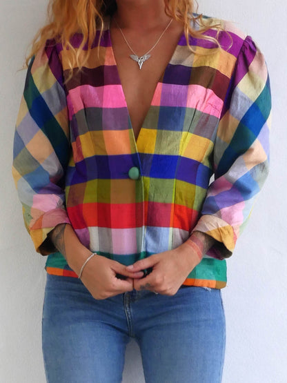 Vintage Silk Multicolor Checkered Jacket 