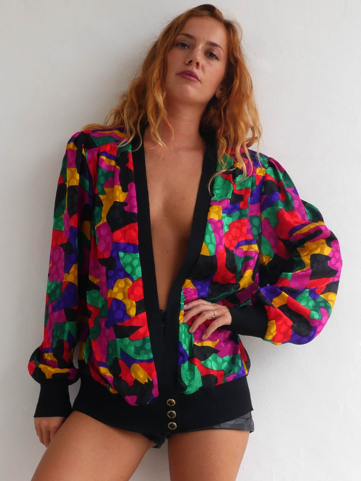 Brightly Colored Jacket with Deep Cleavage and Wide Shoulders