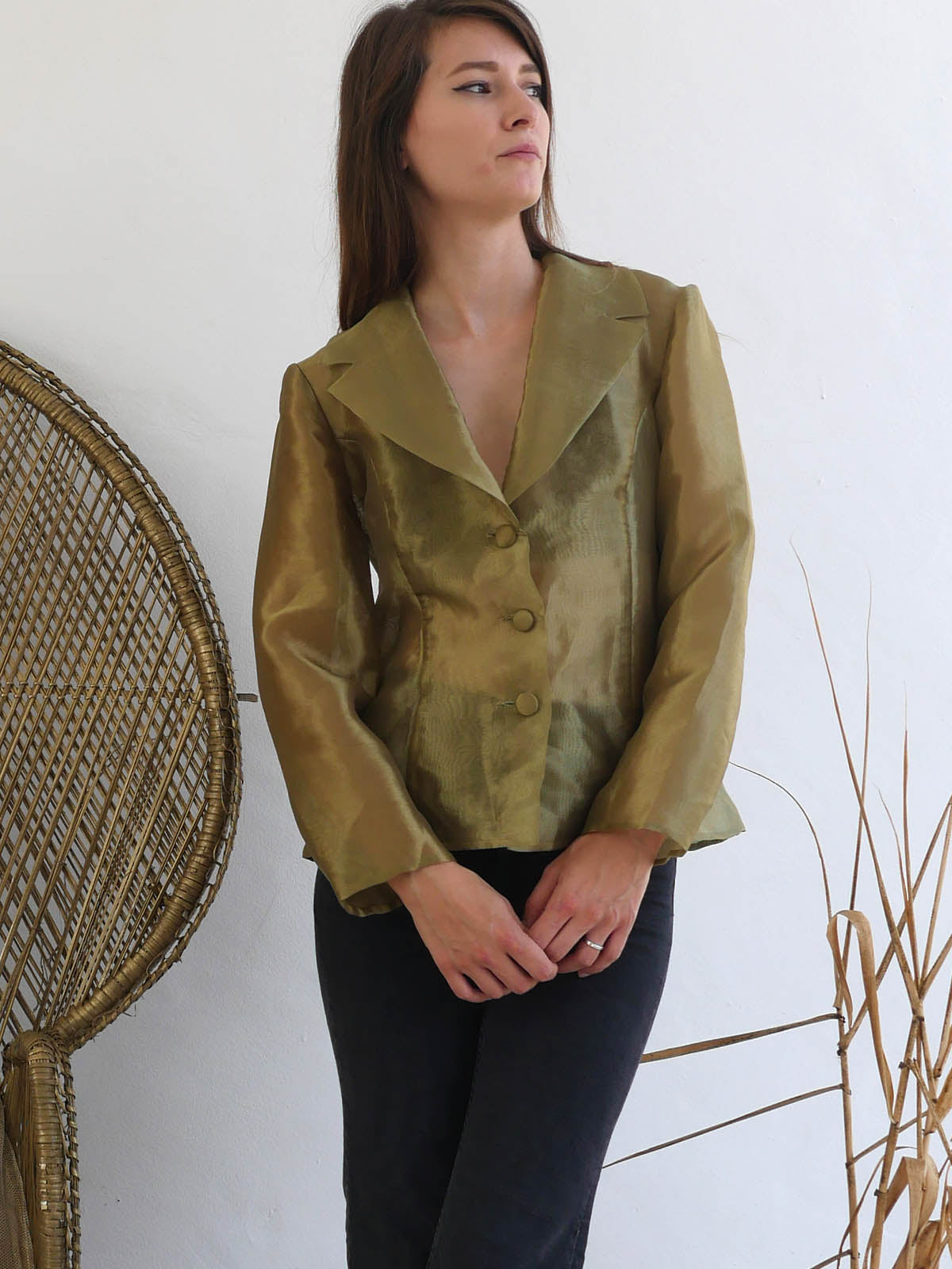 Olive Green Sheer Organza Jacket with Long Sleeves