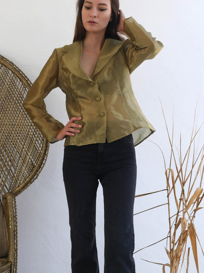 Olive Green Sheer Organza Jacket with Long Sleeves